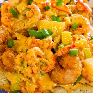 Cheese Overboard Shrimp Poboy (Crawfish Cheese Sauce)